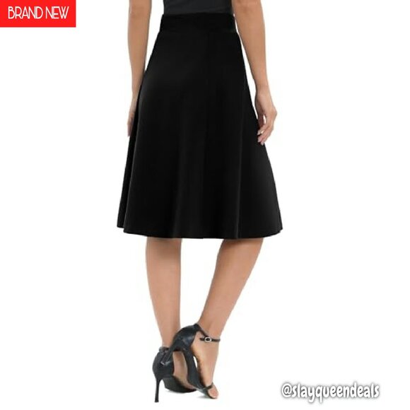 A-Line High Waist Elastic Flare Midi Skirt Stretchy Work Wear - Picture 6 of 7